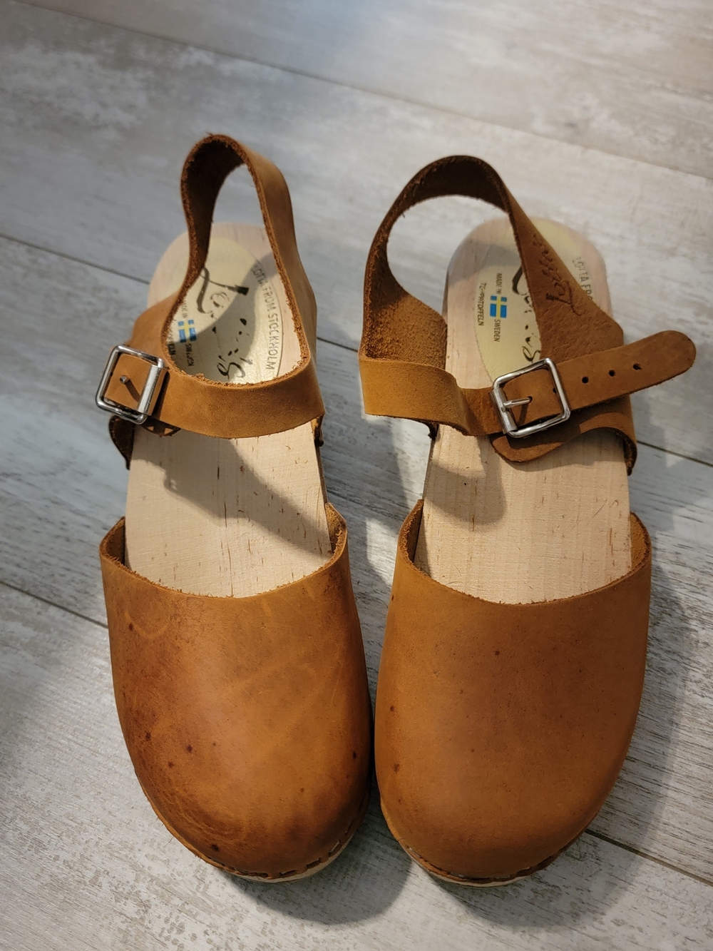 Lotta From Stockholm Tan Leather Clog Sandals with Ankle Strap